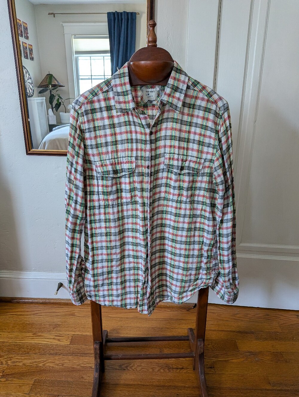 Old Navy Plaid Button-Up Shirt in White, Green & Red